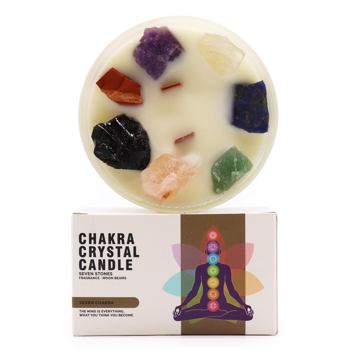Large Seven Chakra Crystal Candle featuring seven raw gemstones representing each energy centre