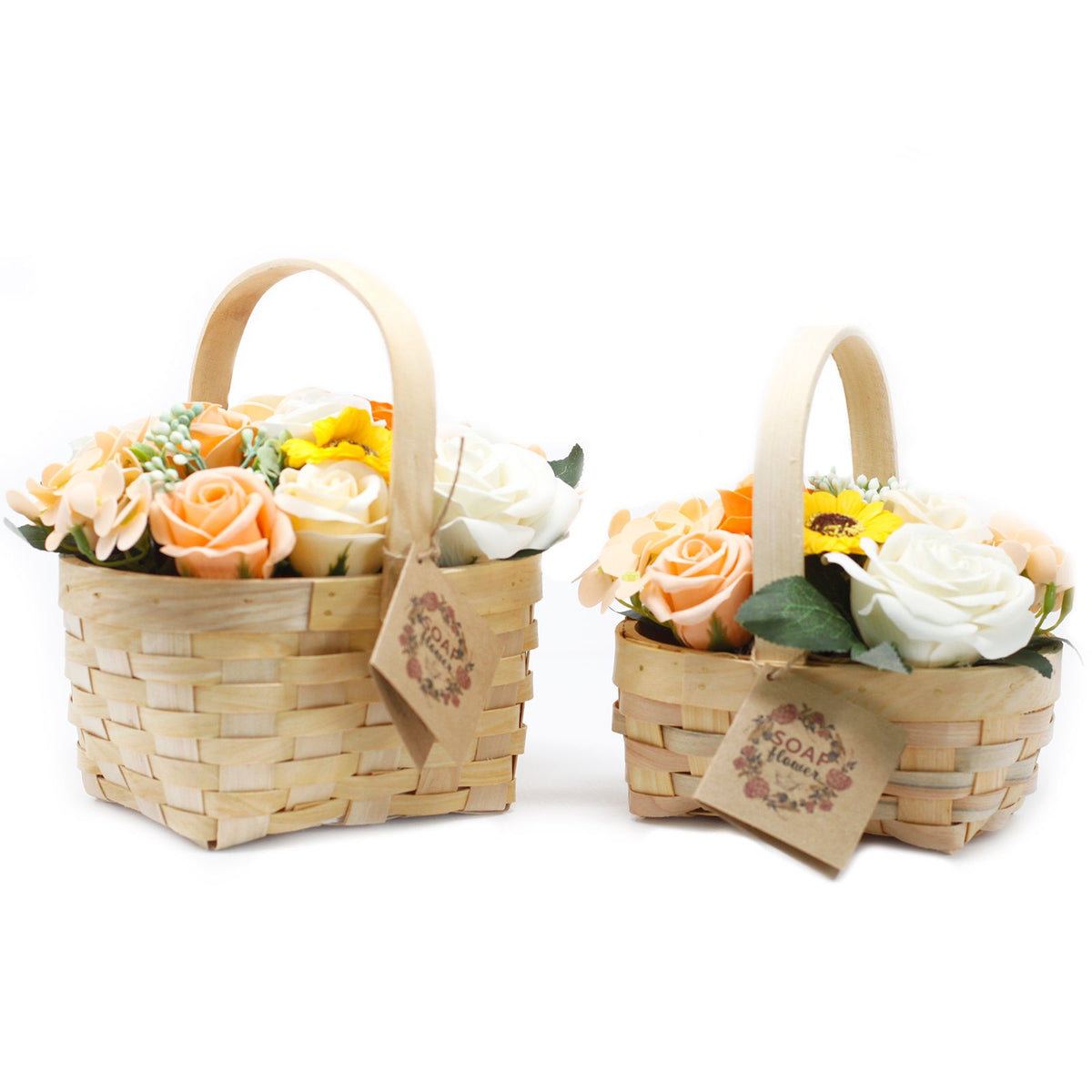 Medium orange soap flower bouquet in wicker basket | Rooted Flame