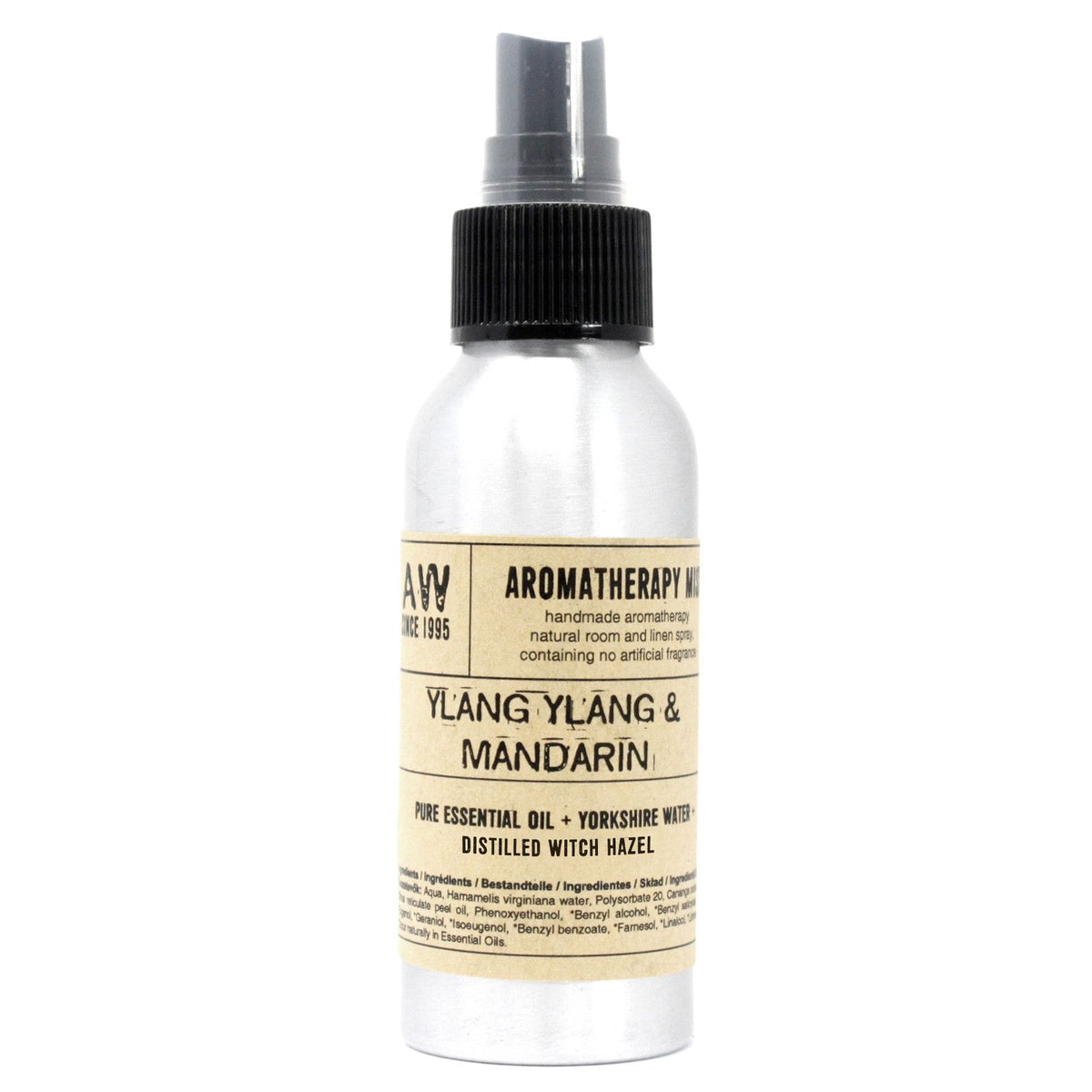 Aromatherapy mist bottle with Ylang Ylang & Mandarin scent on a white background rooted flame