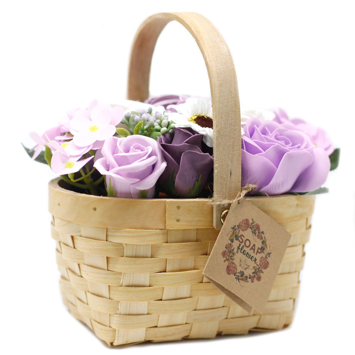 Large lilac soap flower bouquet in wicker basket | Rooted Flame