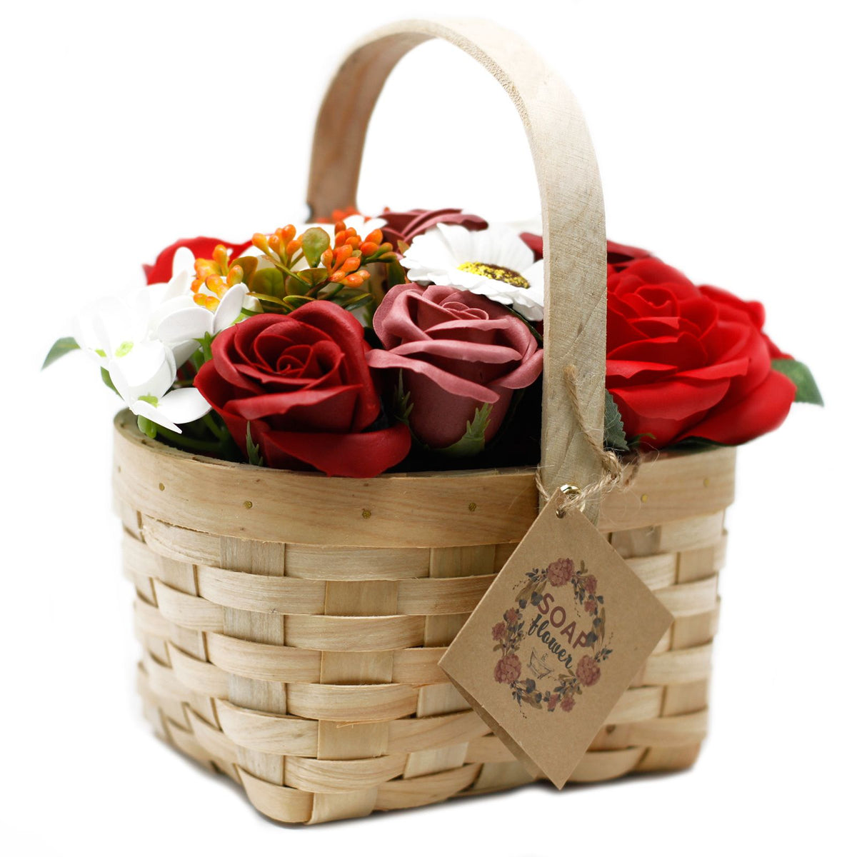 Large red soap flower bouquet in wicker basket | Rooted Flame