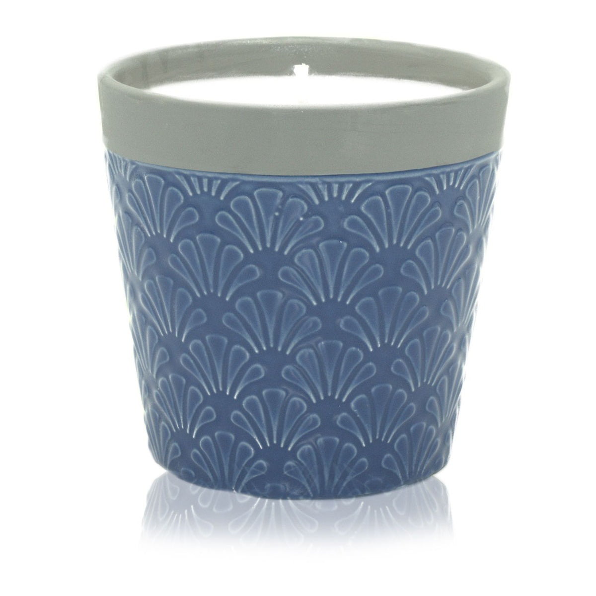 Ceramic planter with blue patterned design on a white background