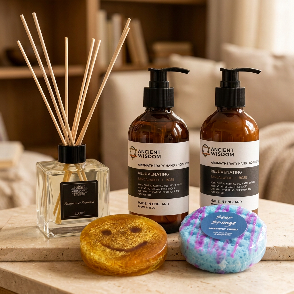 Luxury and Balancing five-piece Sanctuary set with Petitgrain and Rosewood reed diffuser, Sandalwood and Rose wash and lotion, Pinacolada scrub soap and Amethyst Creed soap