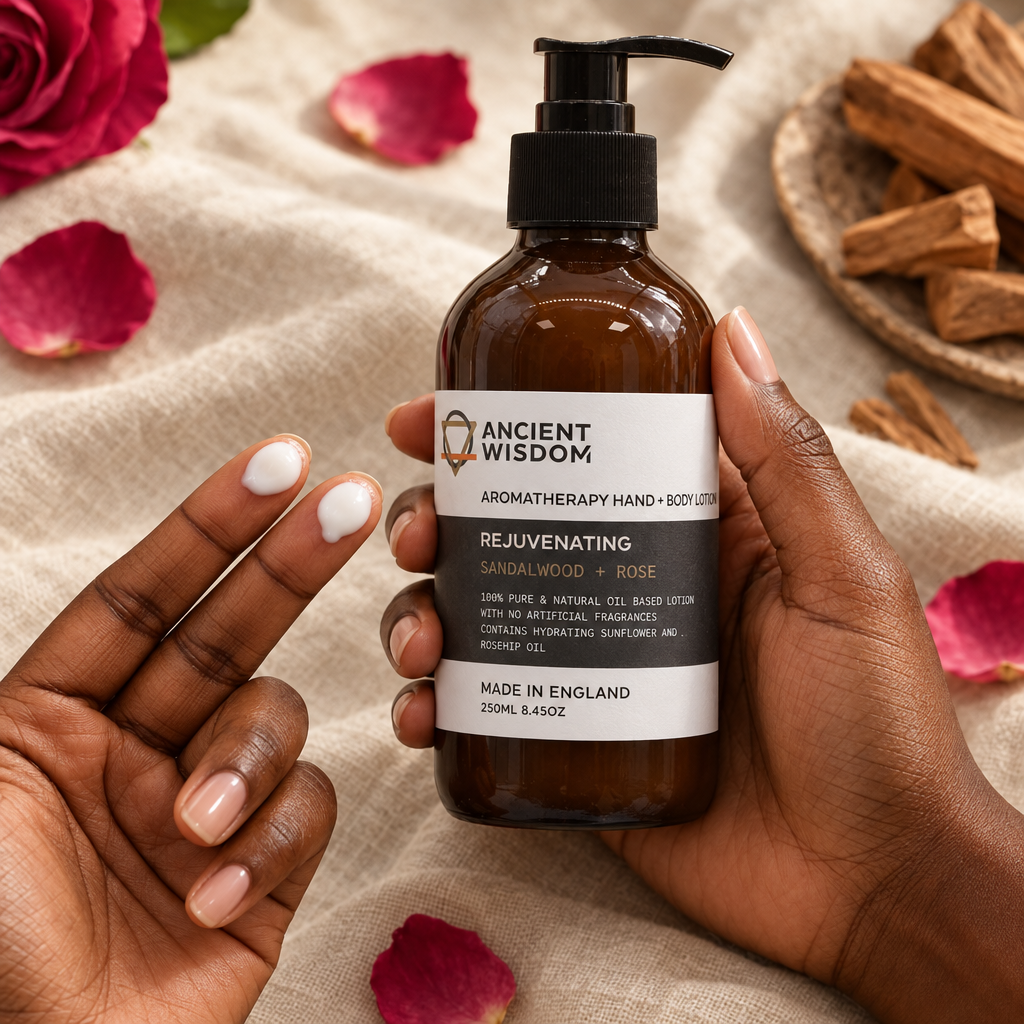 Sandalwood and Rose lotion with white lotion on two fingertips