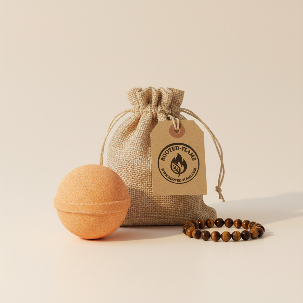 Tiger Eye bath bomb with Rooted Flame burlap bag and logo