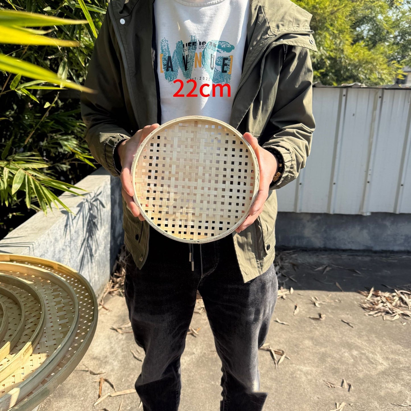 Round Bamboo Woven Plate With Hole Drying Handmade Bamboo Tray