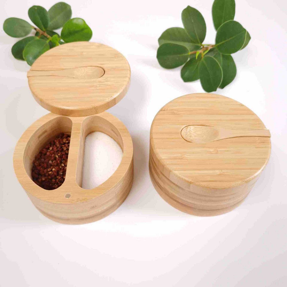 Bamboo Seasoning Jar Double-grid Lid With Spoon Storage Jar