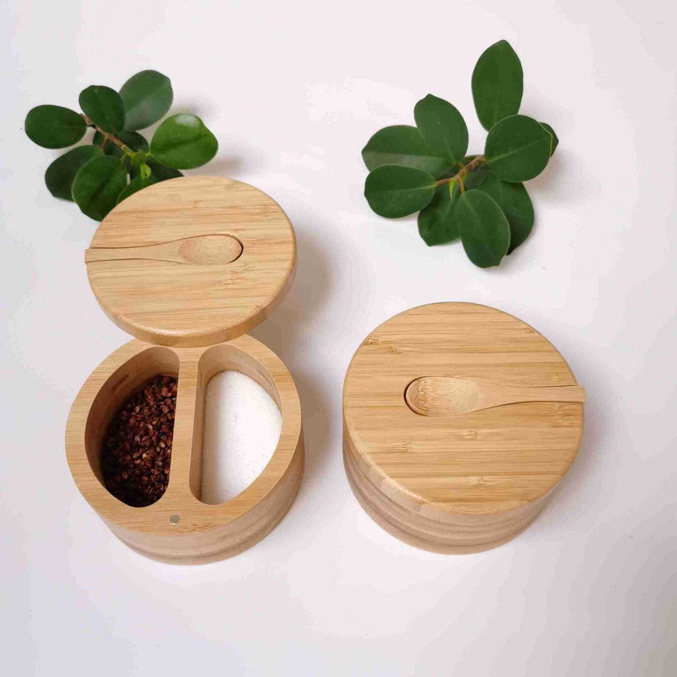 Bamboo Seasoning Jar Double-grid Lid With Spoon Storage Jar