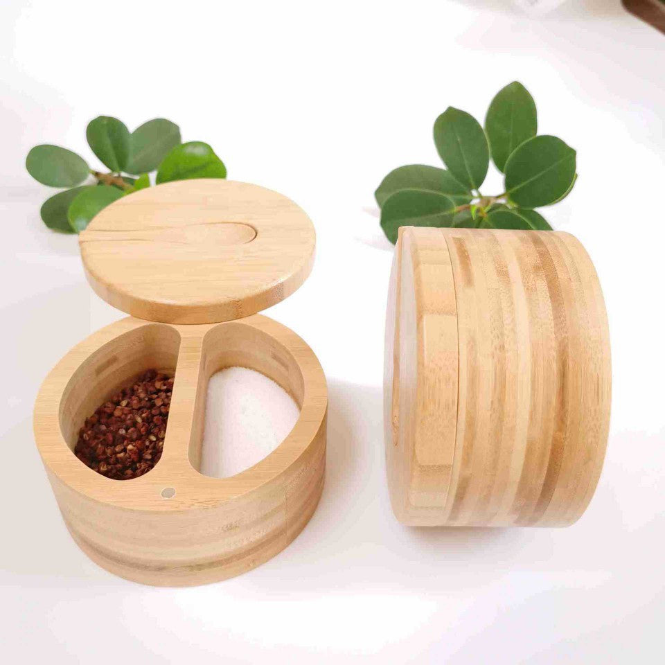 Bamboo Seasoning Jar Double-grid Lid With Spoon Storage Jar