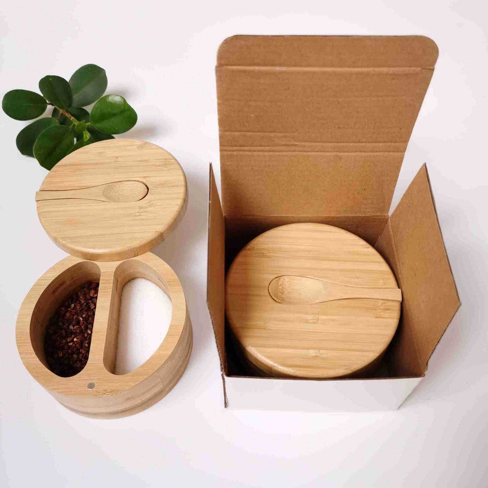 Bamboo Seasoning Jar Double-grid Lid With Spoon Storage Jar