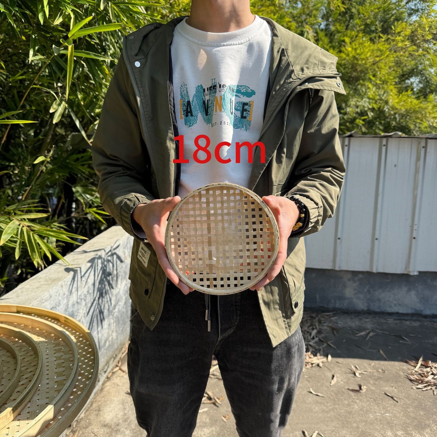 Round Bamboo Woven Plate With Hole Drying Handmade Bamboo Tray