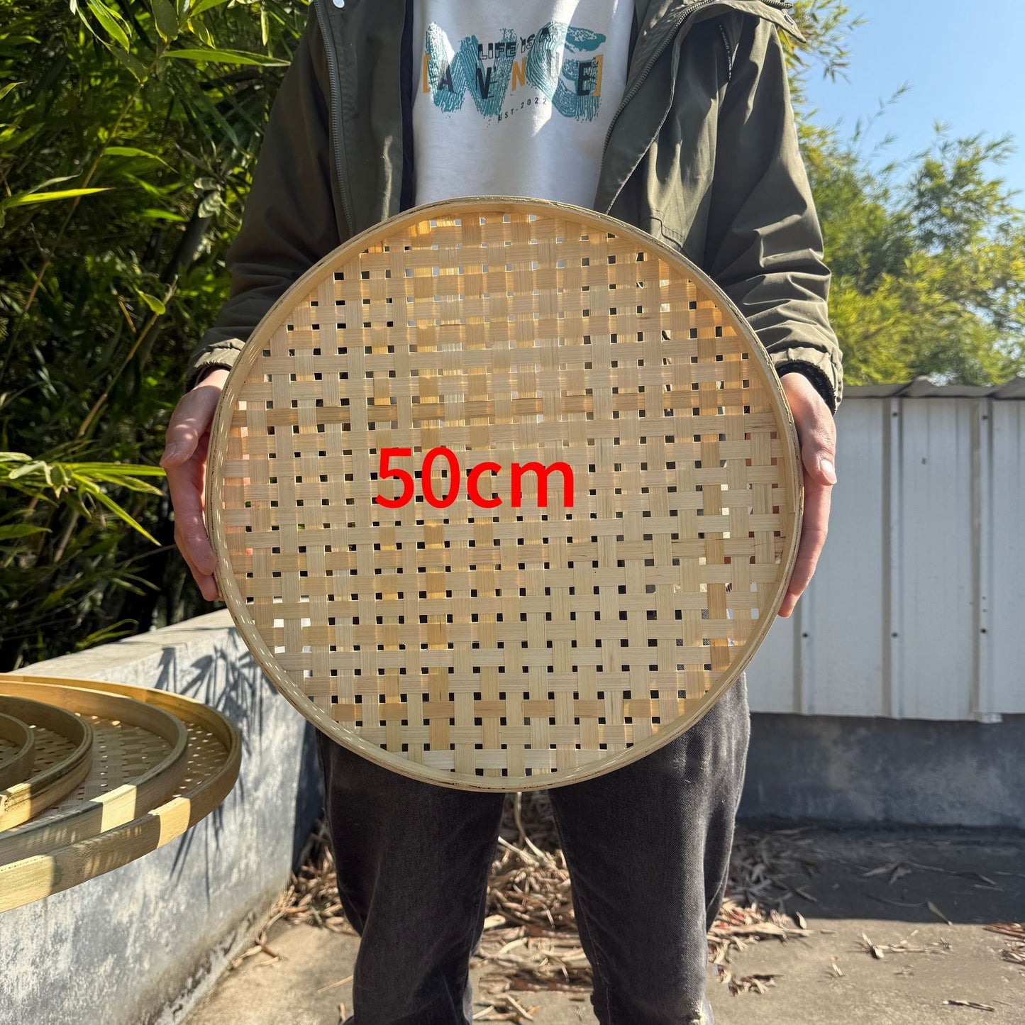 Round Bamboo Woven Plate With Hole Drying Handmade Bamboo Tray
