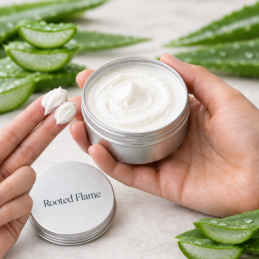Aloe vera body butter with cream on two fingertips and Rooted Flame lettering on the lid
