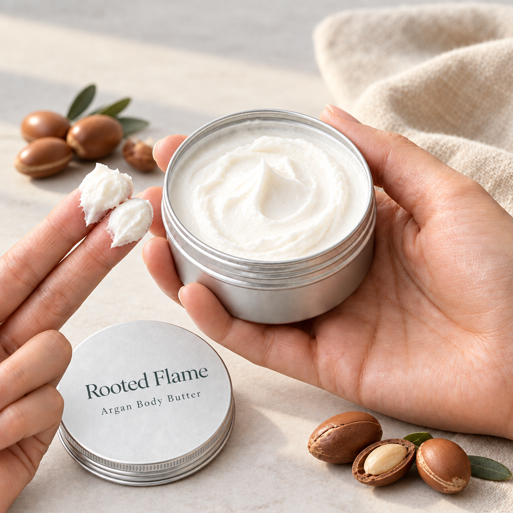 Argan body butter with white cream on two fingertips and Rooted Flame lettering on the lid