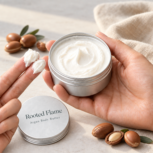 Argan body butter with white cream on two fingertips and Rooted Flame lettering on the lid