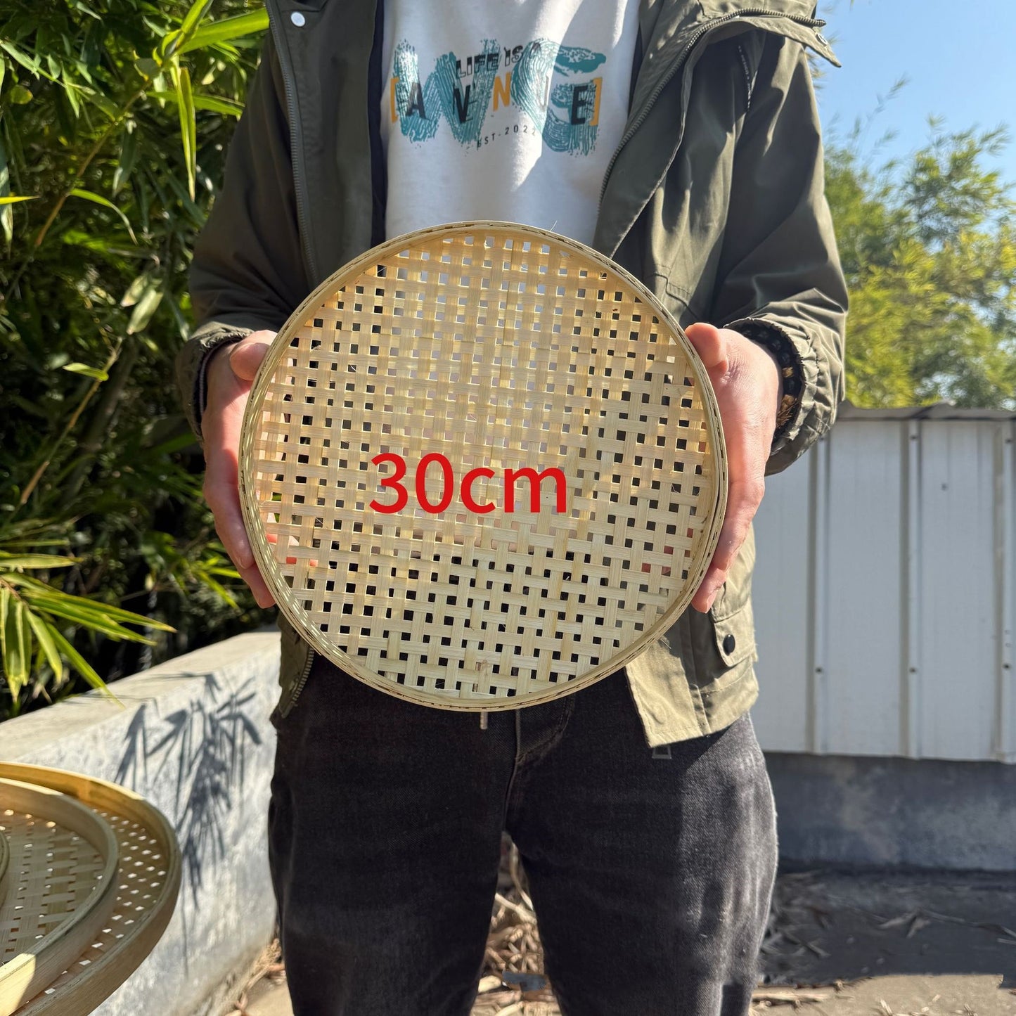 Round Bamboo Woven Plate With Hole Drying Handmade Bamboo Tray