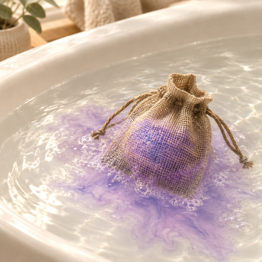 Bath bomb inside a wet burlap pouch with a purple water effect