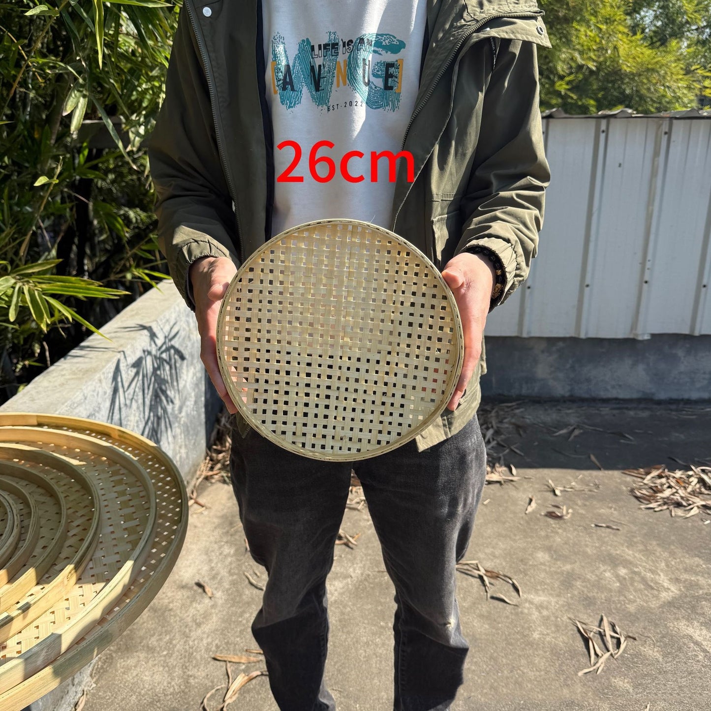 Round Bamboo Woven Plate With Hole Drying Handmade Bamboo Tray