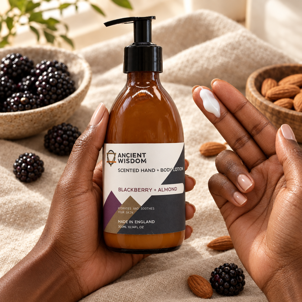 Blackberry and Almond lotion with white lotion on two fingertips