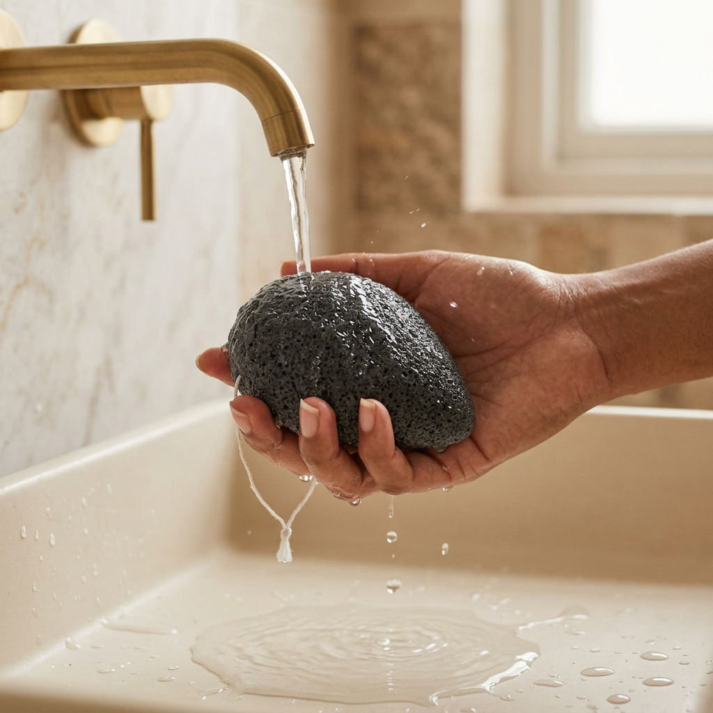 Brown-skinned hand holding the bamboo charcoal konjac sponge under running water