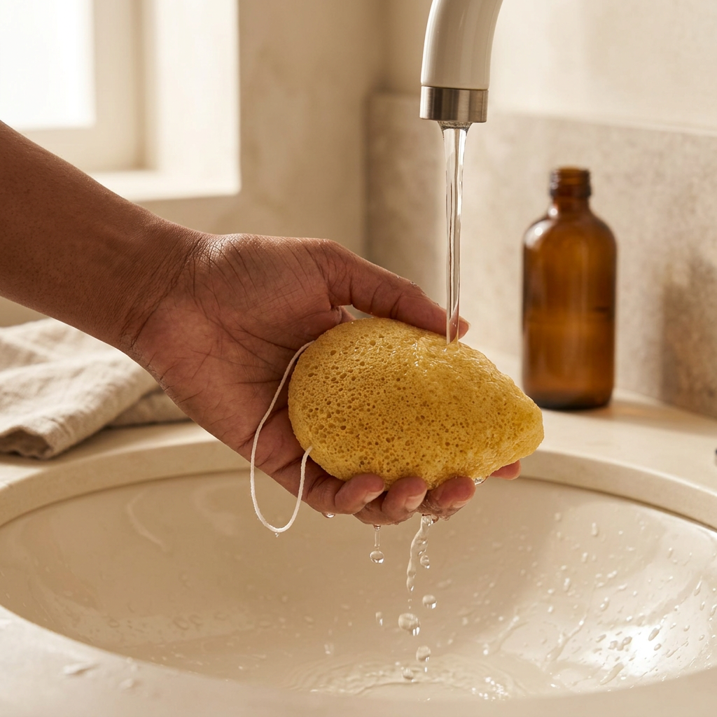Brown-skinned hand holding the turmeric konjac sponge under running water