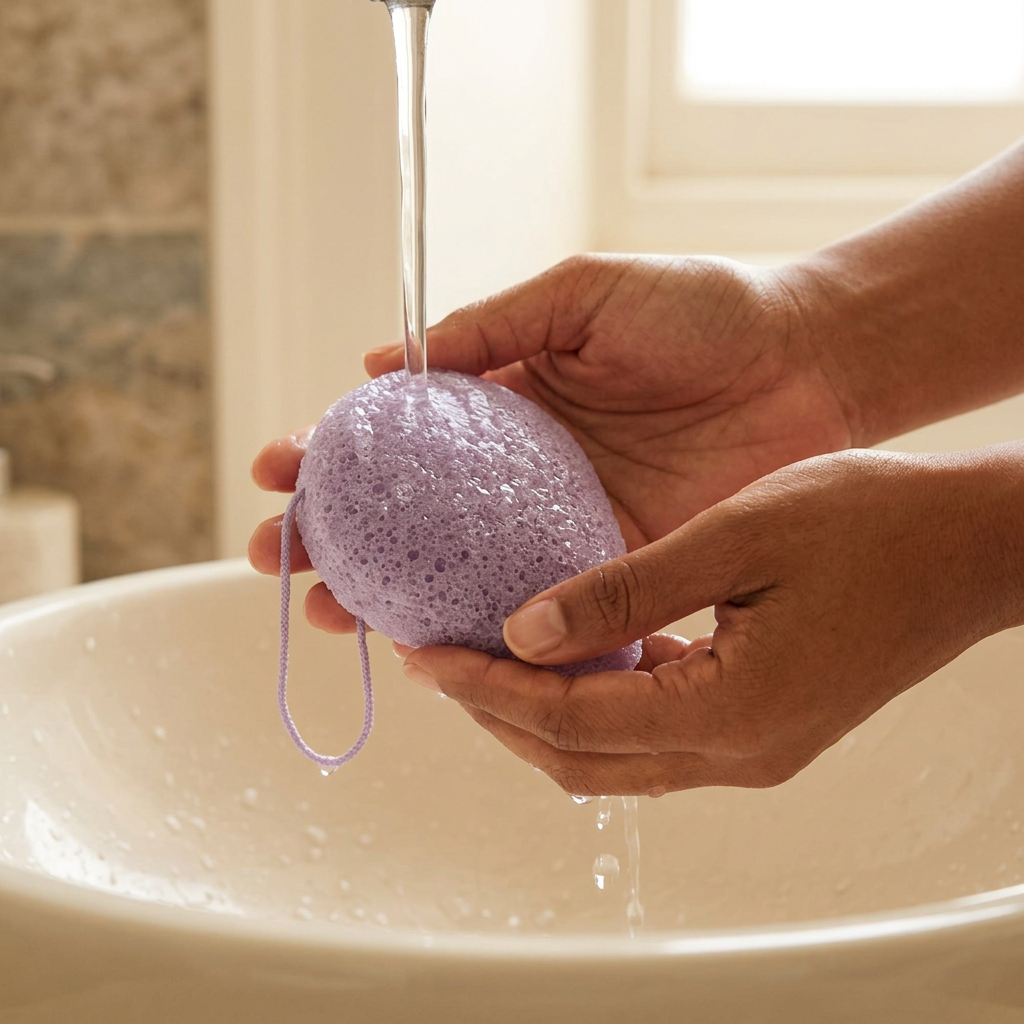 Brown-skinned hands wetting the lavender konjac sponge under running water