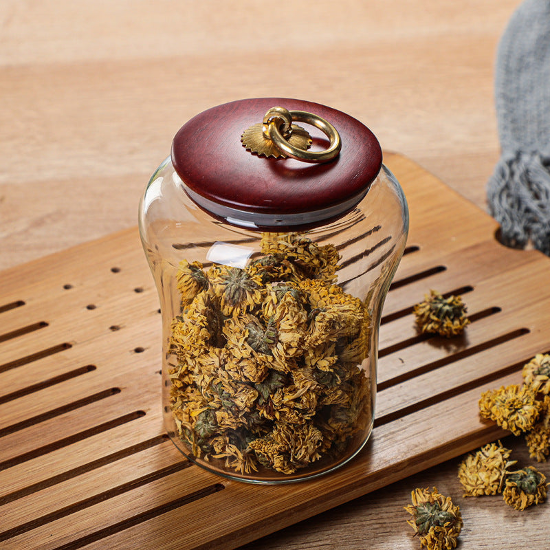 Household Glass Airtight Petal Jar With Wooden Lid