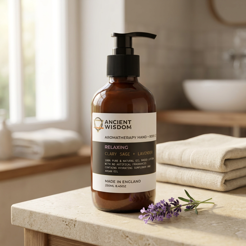 Clary Sage and Lavender hand and body lotion in a bathroom setting