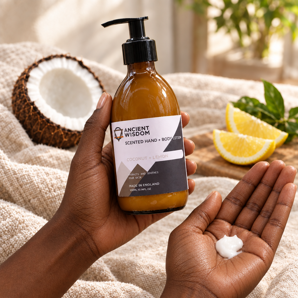 Coconut and lemon lotion held by deep-brown hands