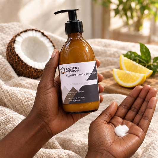 Coconut and lemon lotion held by deep-brown hands