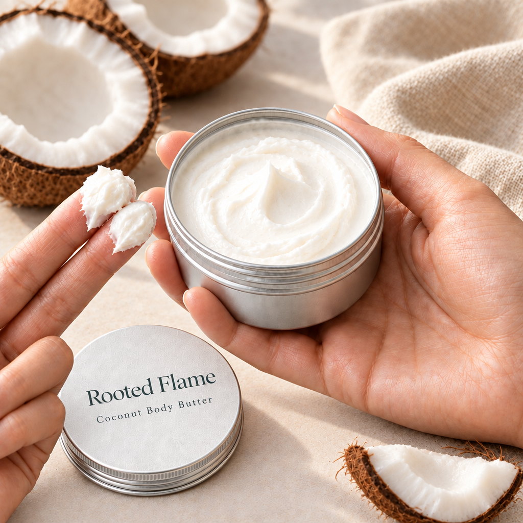 Coconut body butter with white cream on two fingertips and Rooted Flame lettering on the lid