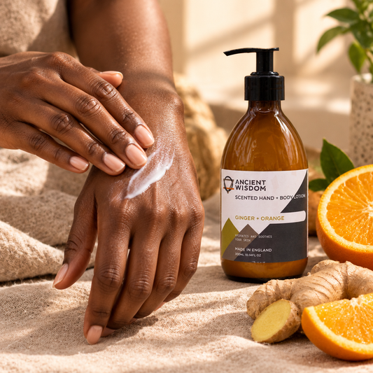 Deep-brown hands massaging lotion into the skin beside Ginger and Orange lotion