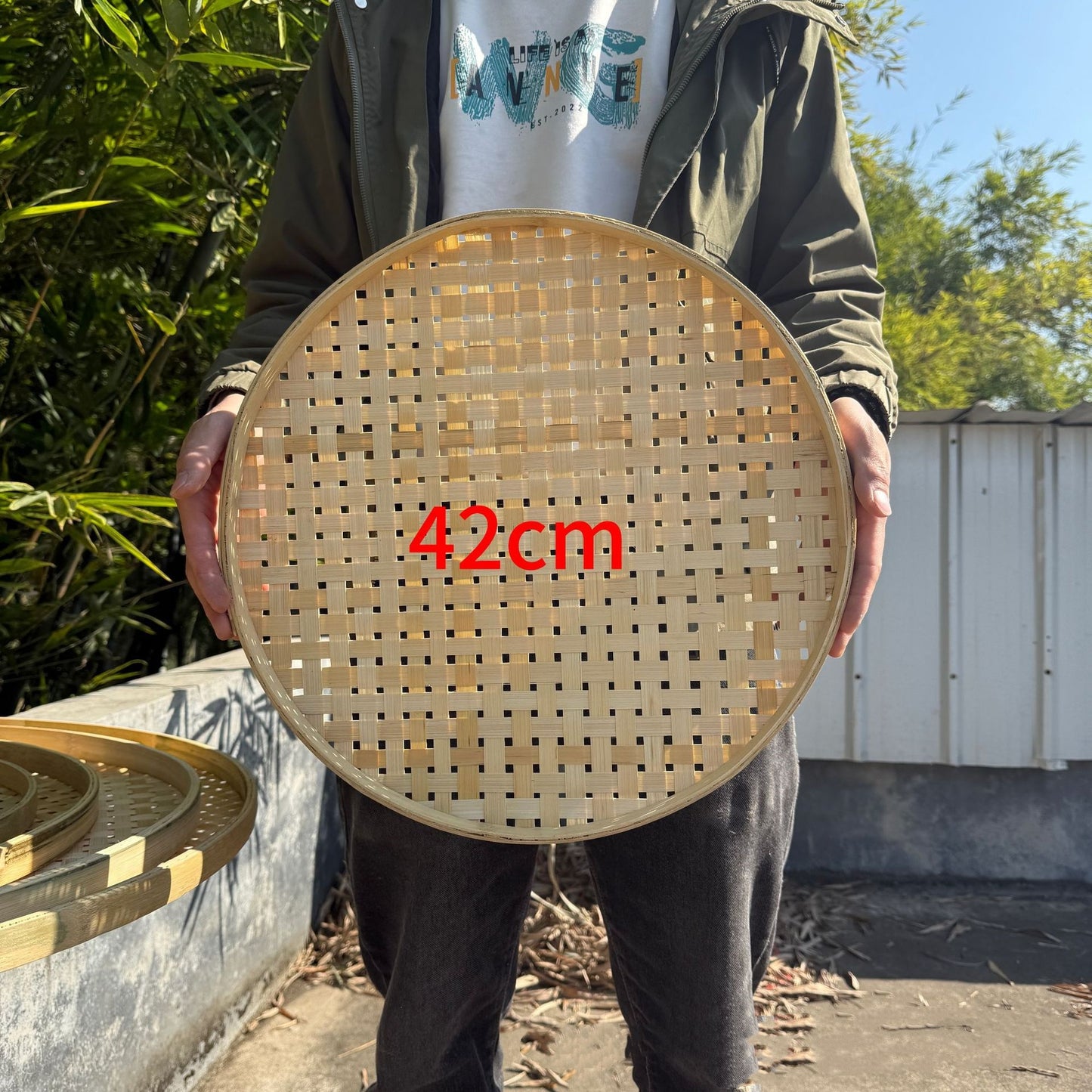 Round Bamboo Woven Plate With Hole Drying Handmade Bamboo Tray