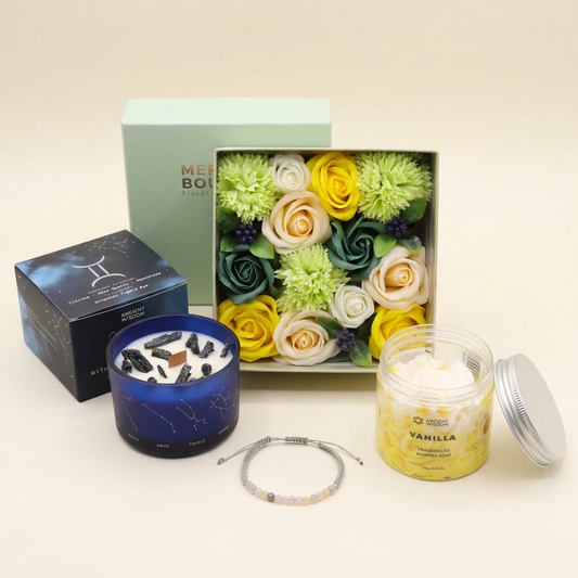 Gemini gift set with Spring Celebrations soap flowers, zodiac candle and bracelet, and Vanilla Whipped Soap