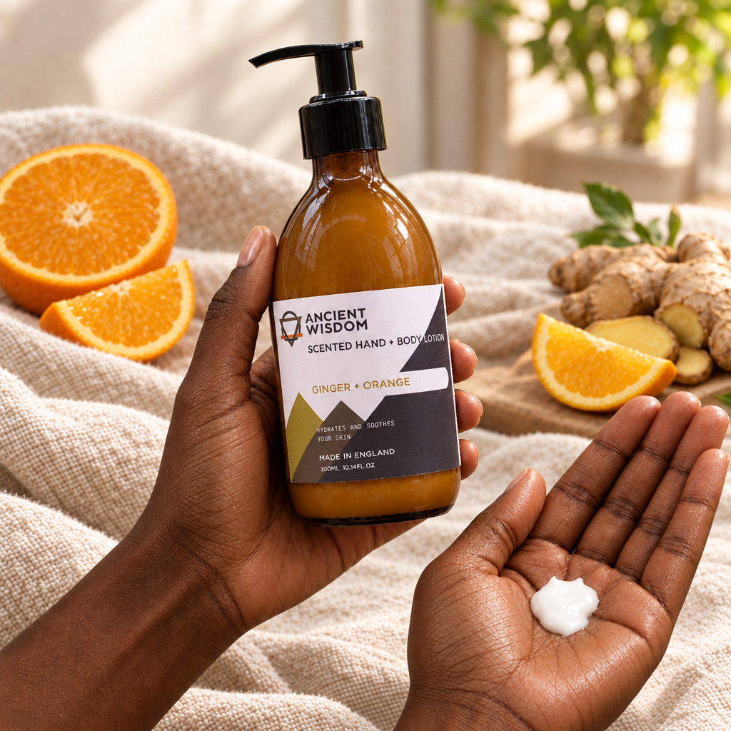 Ginger and orange lotion held by deep-brown hands with orange, ginger and soft linen