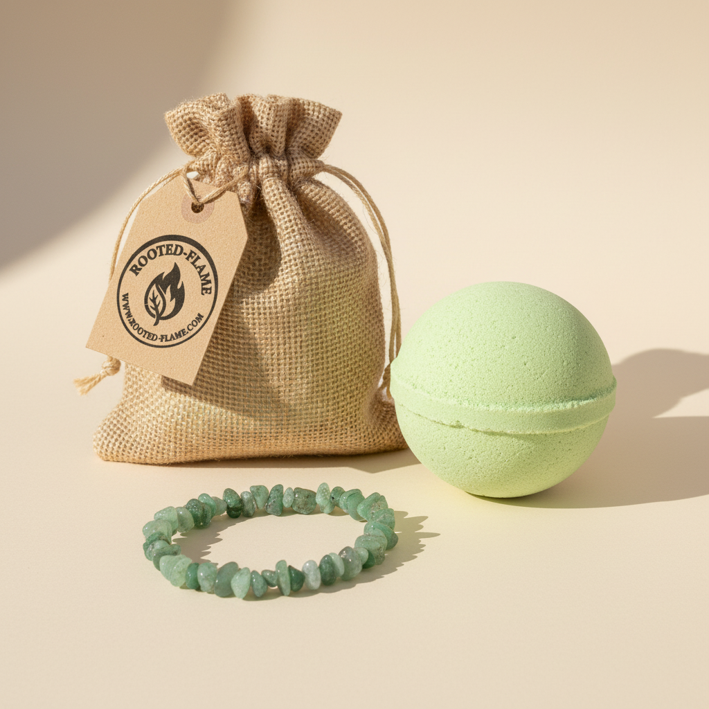 Green Aventurine bath bomb with Rooted Flame burlap bag and logo