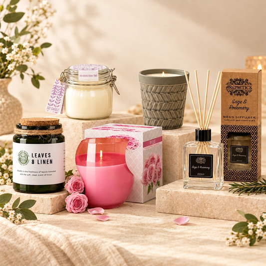 Home Fragrance Ritual Gift Set with four candles and a reed diffuser