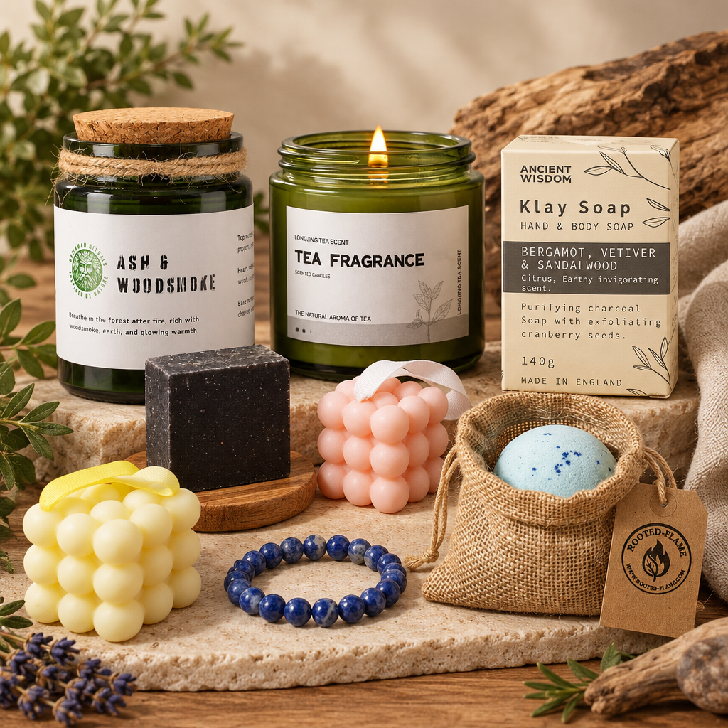 The Sandalwood & Earth Ritual Gift Set with sandalwood soaps, candles, a boxed Geranium and Sandalwood massage soap, a Sodalite bracelet bath bomb in a Rooted Flame bag and a petrified wood soap dish.