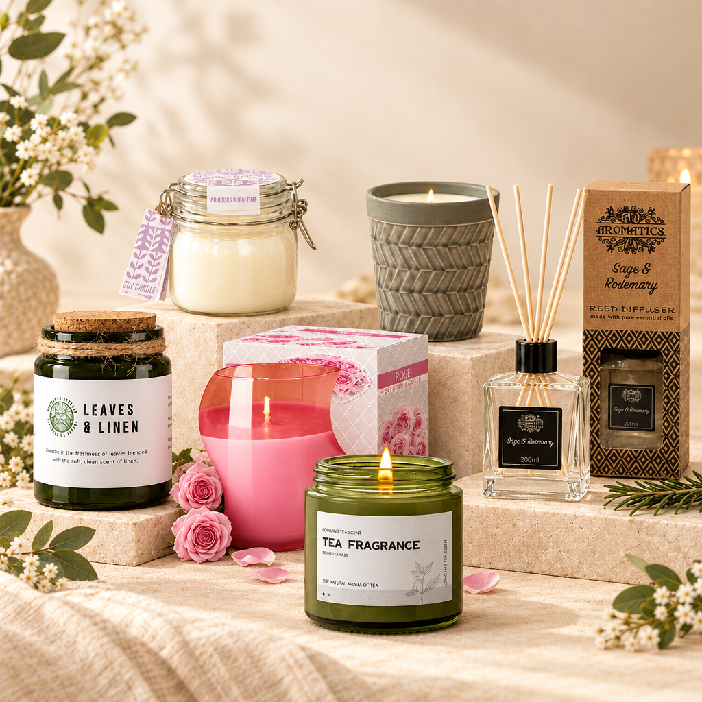 The Home Fragrance Ritual Gift Set arranged together with candles and a sage and rosemary reed diffuser