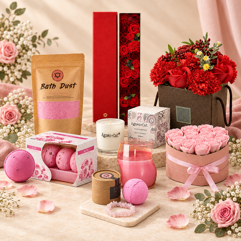 The Rose & Petals Ritual Gift Set with rose bath treats, candles, soap flower bouquets, red roses and a rose quartz bracelet bath bomb with its bath bomb bag.