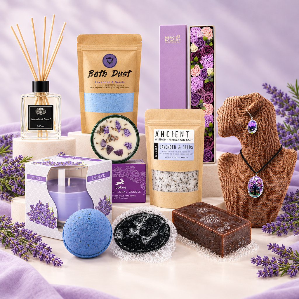 The Lavender Ritual Gift Set arranged with lavender bath, body, candle and home fragrance products