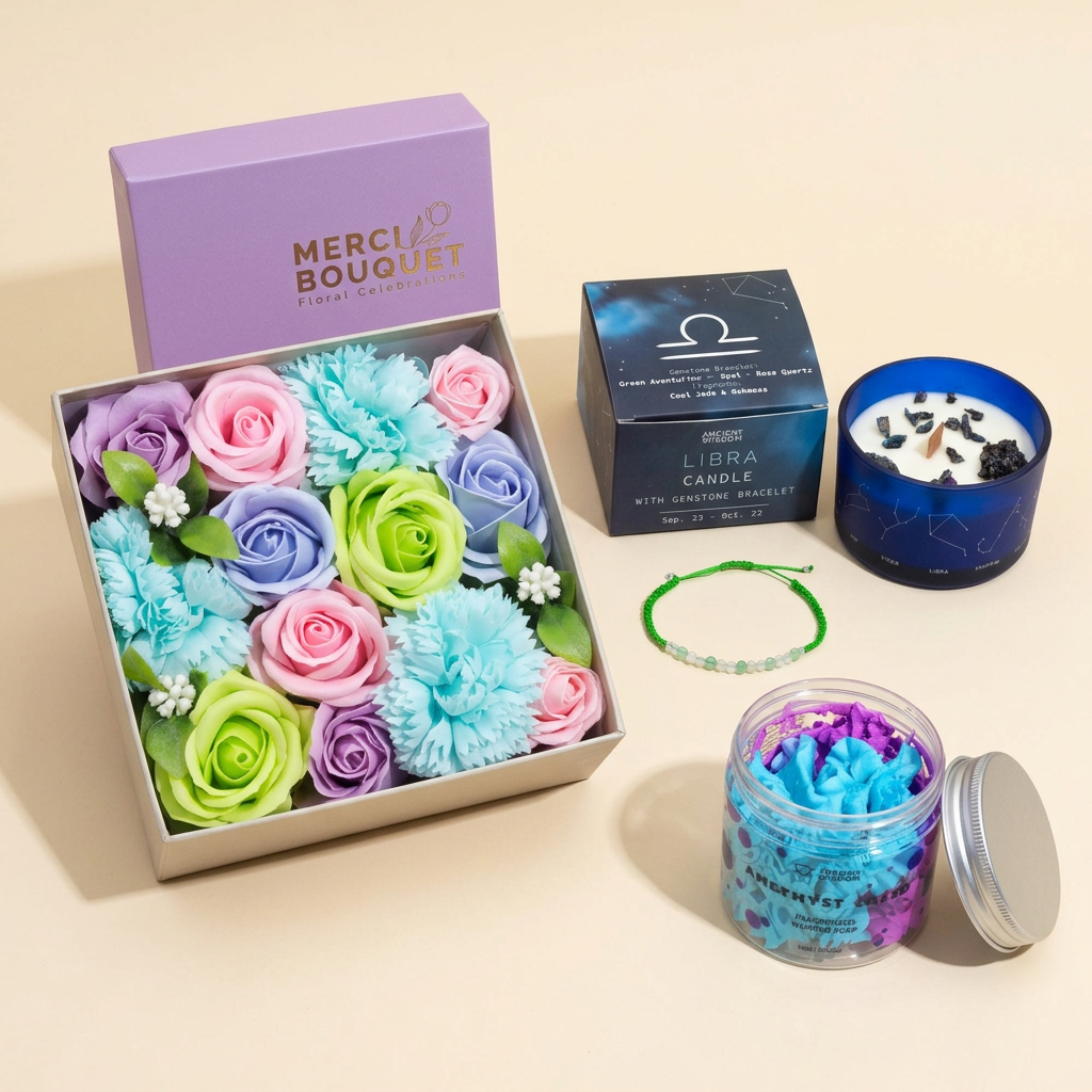 Libra gift set with pastel soap flowers, zodiac candle and bracelet, and Amethyst Creed whipped soap