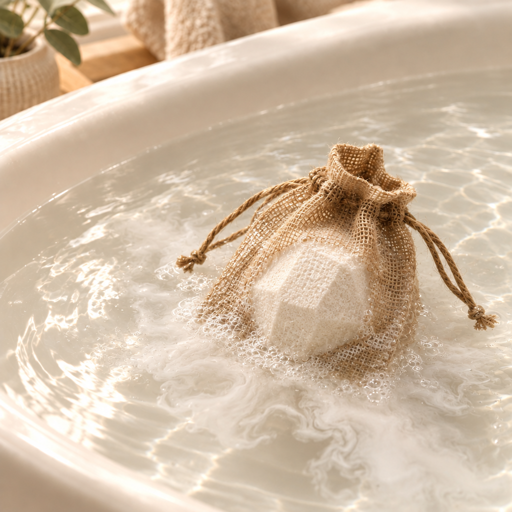 Mistress bath bomb in a burlap pouch in bath water
