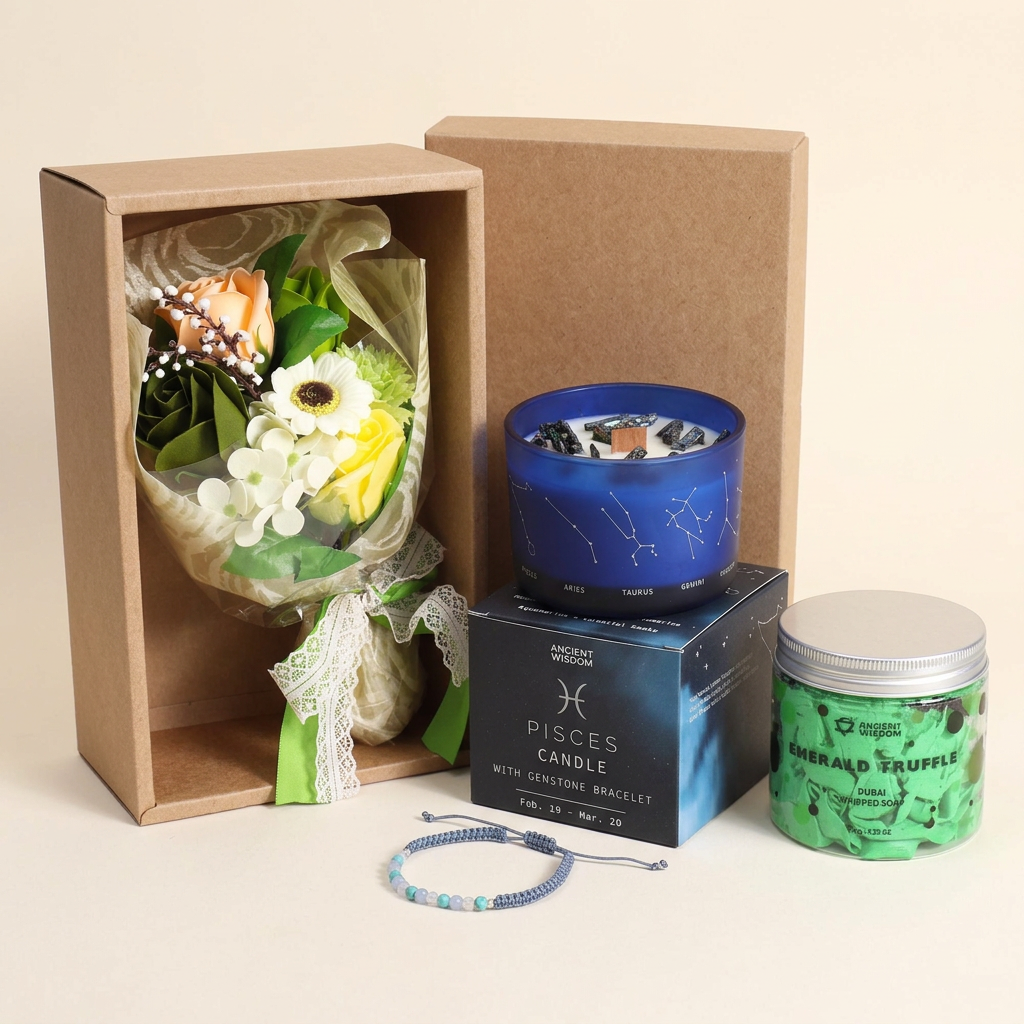 Pisces gift set with boxed soap flowers, zodiac candle and bracelet, and Emerald Truffle whipped soap