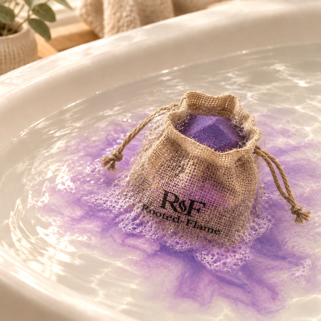 Raspberry and Pomegranate bath bomb in a burlap bag with a purple water effect