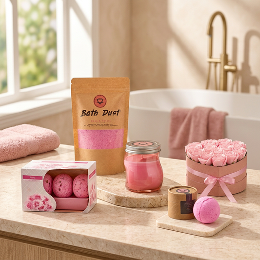 Rose and Petals Ritual Gift Set in a warm bathroom setting