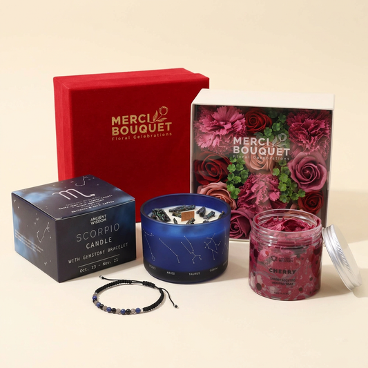 Scorpio gift set with the full Vintage Roses box, candle and bracelet, and Cherry Whipped Soap