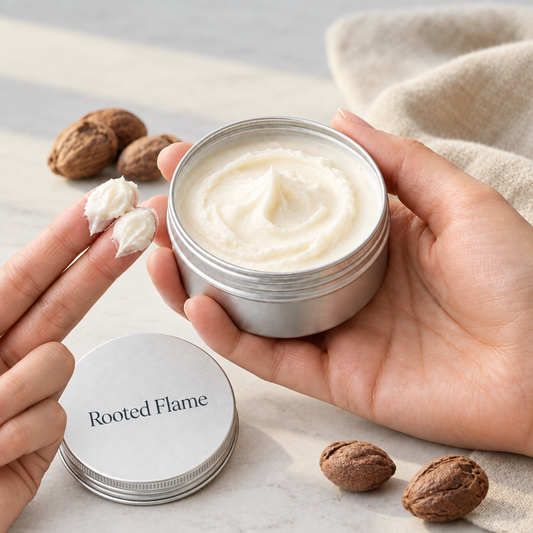 Shea body butter with cream on two fingertips and Rooted Flame lettering on the lid