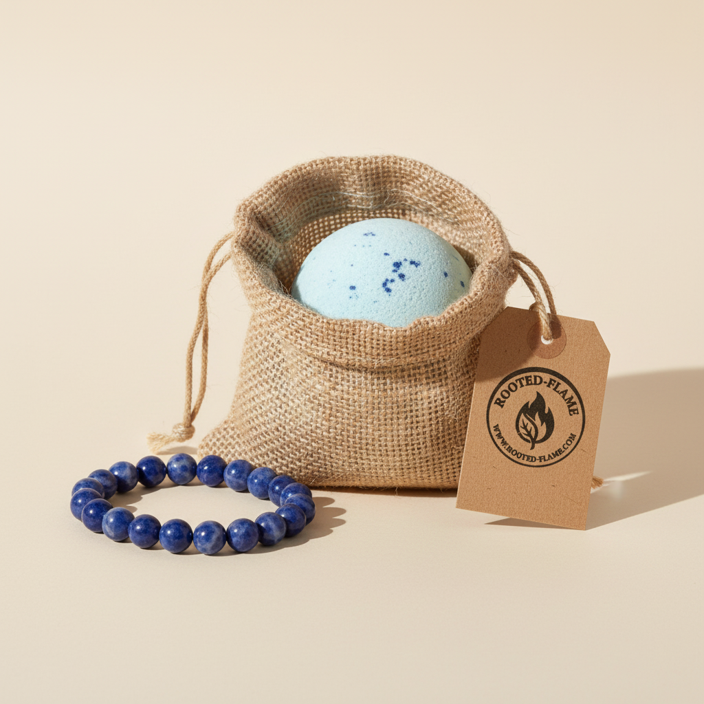 Sodalite bath bomb with Rooted Flame burlap bag and logo