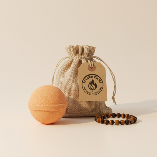 Tiger Eye bath bomb with Rooted Flame burlap bag and logo